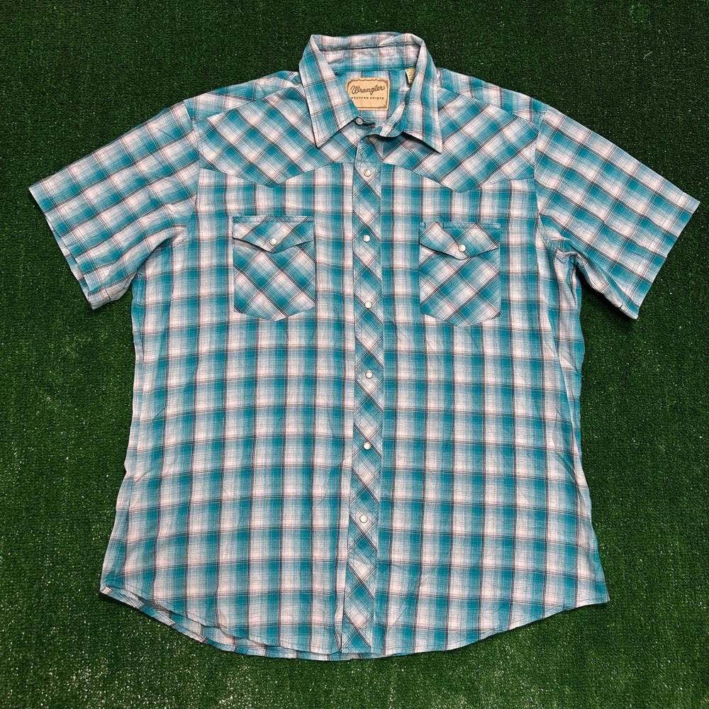 Wrangler Western Shirt Mens XL Teal Plaid Pearl Snap Short Sleeve